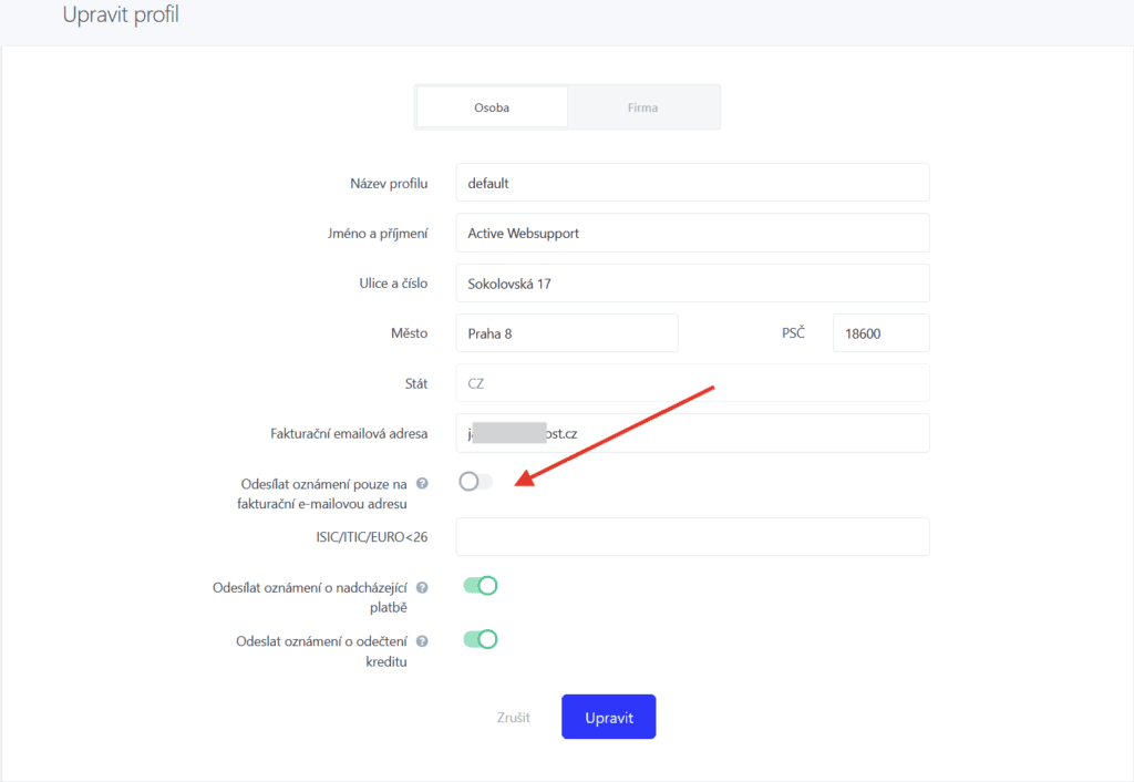 Návod, jak definovat fakturační e-mailový účet ve WebAdminu