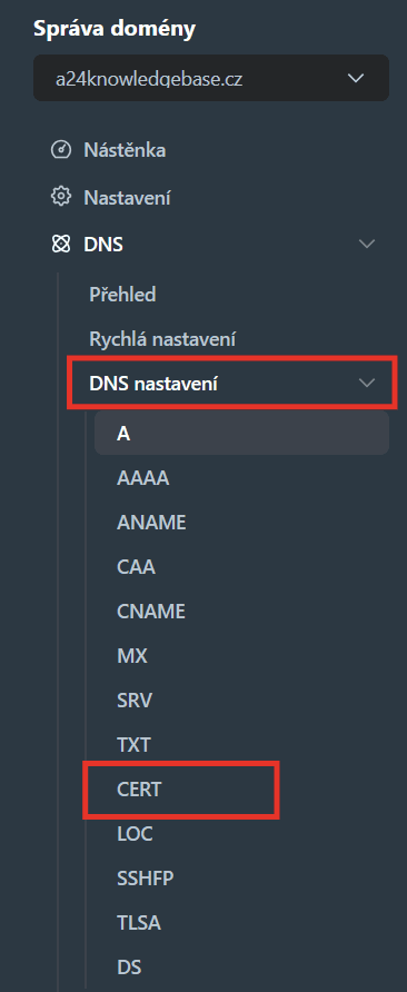 Návod, kde ve Webadminu najít možnost vytvoření nového CERT záznamu