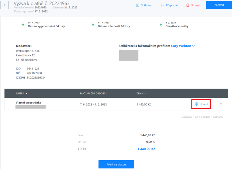 Návod pro úpravu výzev k platbě za služby Active24