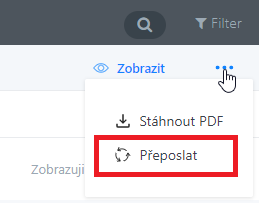 Postup, kde najít v rozhraní WebAdminu možnost na přeposlání faktury