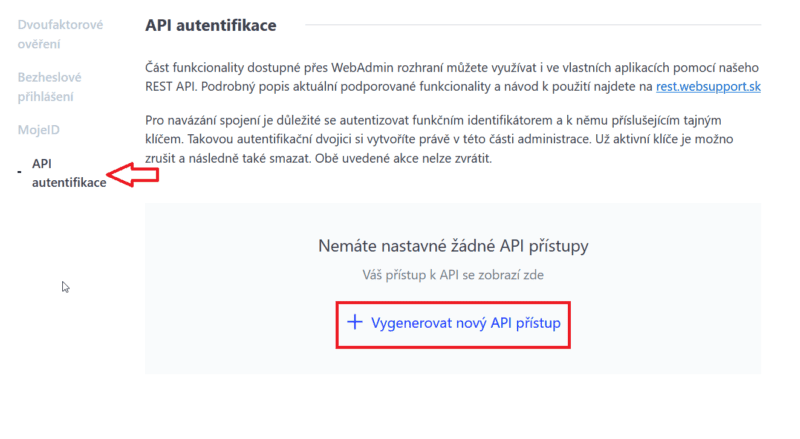 Postup, jak ve Webadminu vygenerovat nový API přístup pro aktivaci DynDNS