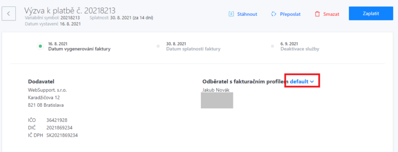 Postup pro změnu fakturačních údajů po přihlášení do Webadminu - odběratel s předvoleným fakturačním profilem