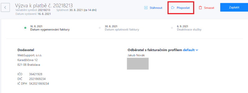Návod jak si upravenou výzvu k platbě/fakturu přeposlat ve Webadminu