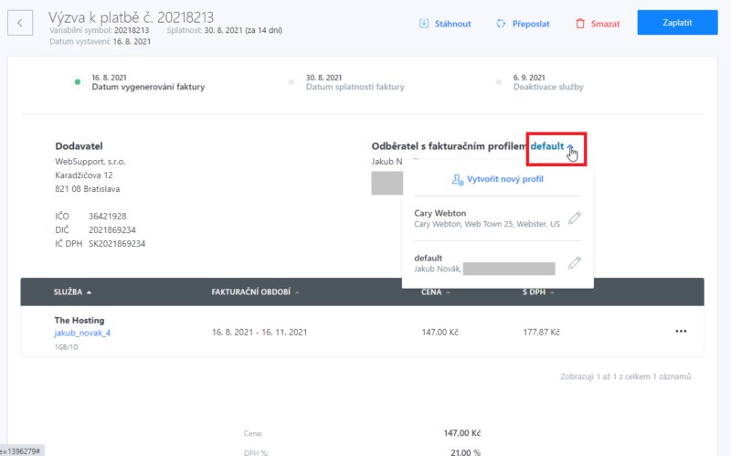 Postup v rozhraní webadminu, jak si nastavit předvolený fakturační profil