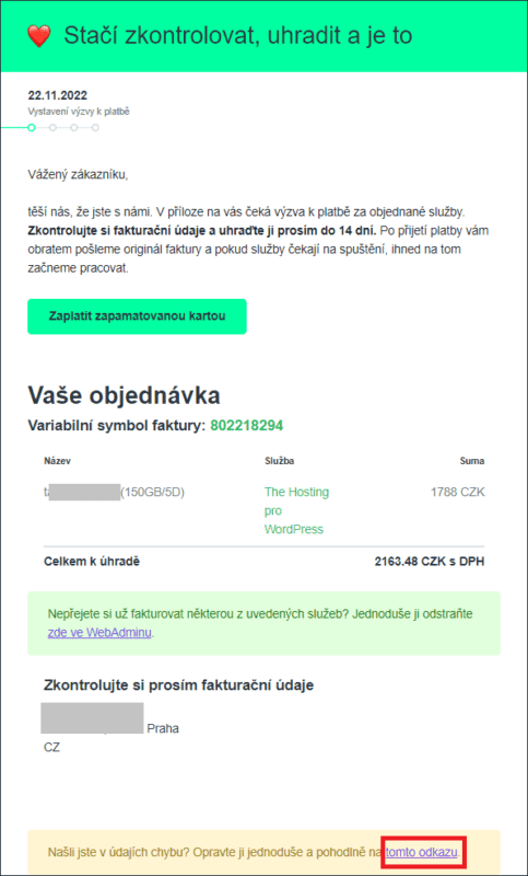 Návod, kde najít změnu fakturačních údajů prostřednictvím výzvy k platbě přes e-mail