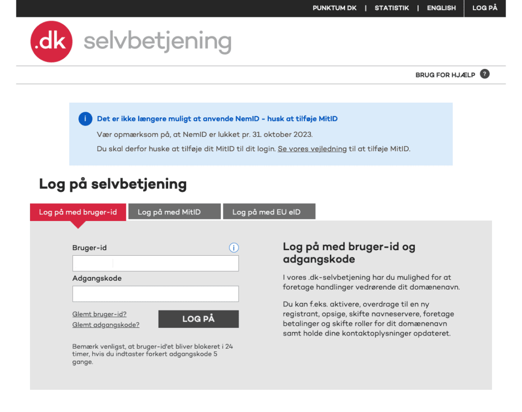 Návod na změnu nameserverů u .DK domén, který zobrazuje přesměrování na stránky DK registrů