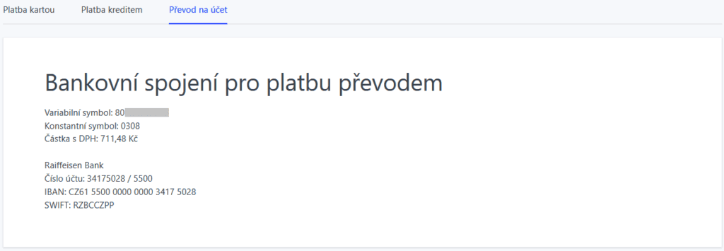 Možnosti úhrady sazeb na Active24 - platba převodem na účet