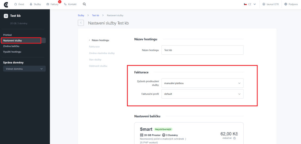 Úvodní postup v rozhraní webadminu, jak si nastavit předvolený fakturační profil