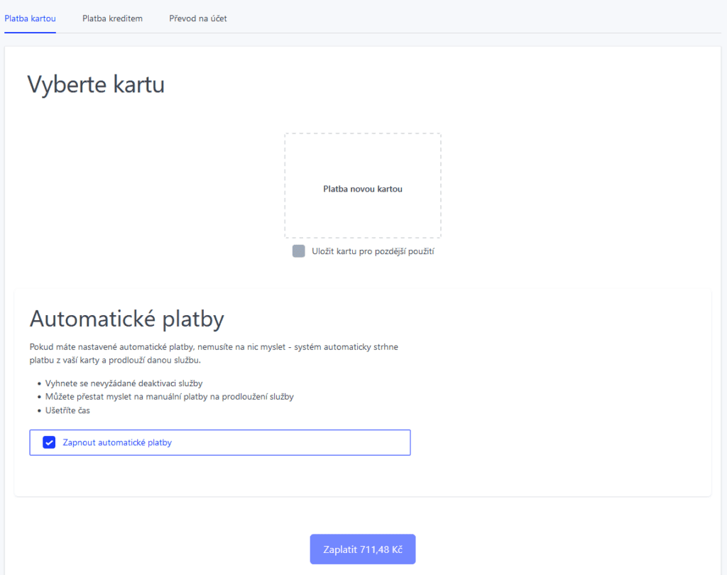 Možnosti úhrady sazeb ve WebAdminu - nastavení první úhrady a nastavení automatické úhrady
