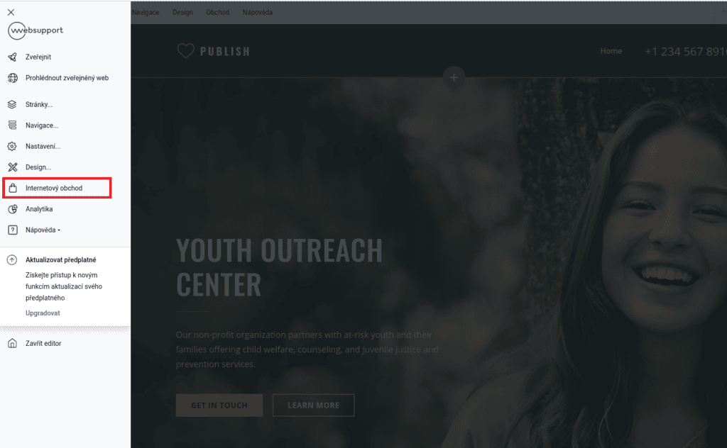 Návod pro Website Builder, jak se dostat do editoru přes menu
