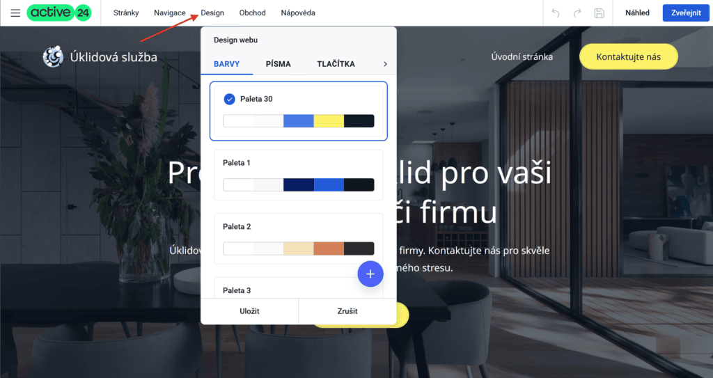 Navigace k designu na webové stránce pro zobrazení nastavení se změnou barevné schémy