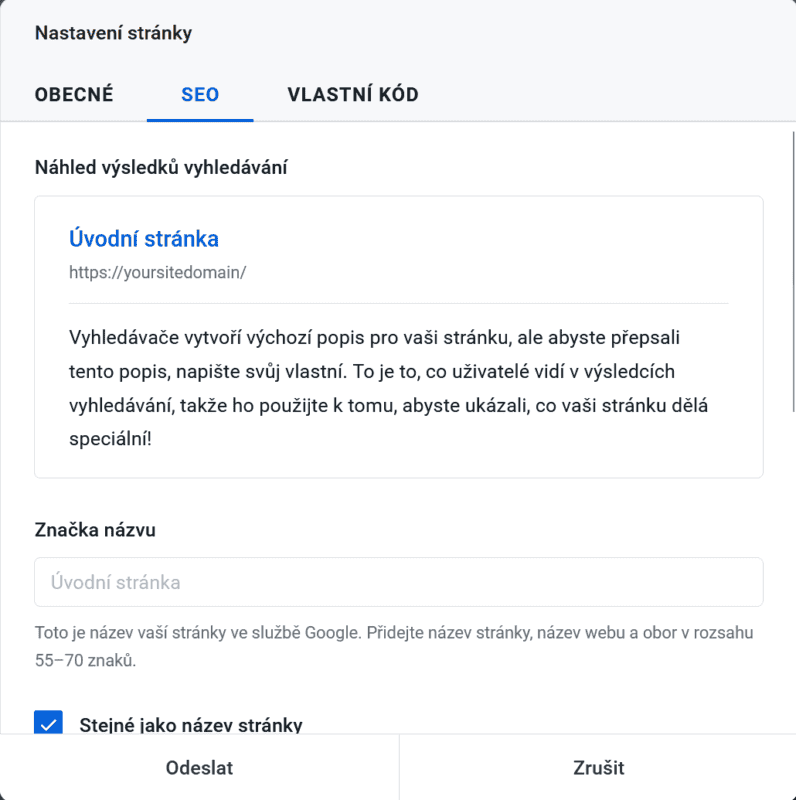 Návod na zobrazení okna se SEO nastavením a náhledem výsledků vyhledávání