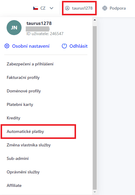 Návod, jak si automaticky prodloužit služby Active24 ve Webadminu - nastavení automatických plateb