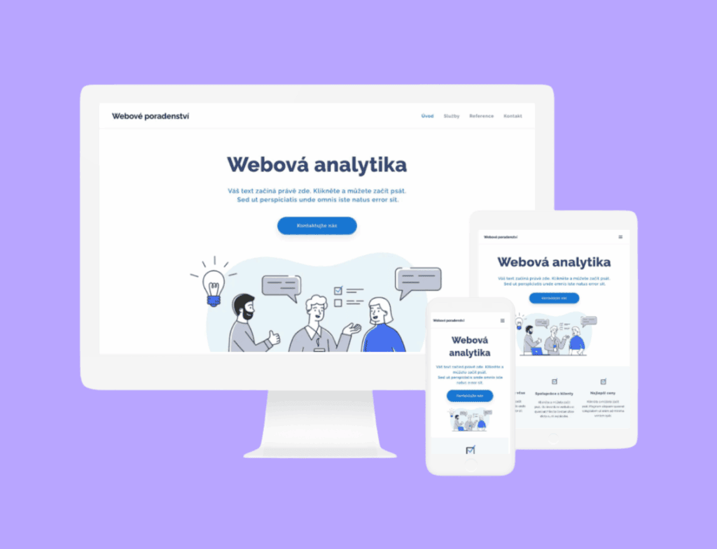 Ukázka toho, jak vypadá responzivní web na různých zařízeních - na počítači, tabletu a mobilu.
