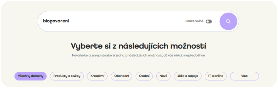 Screenshot doménového vyhledávače na Active24 – pole pro zadání názvu domény a zobrazené dostupné varianty.