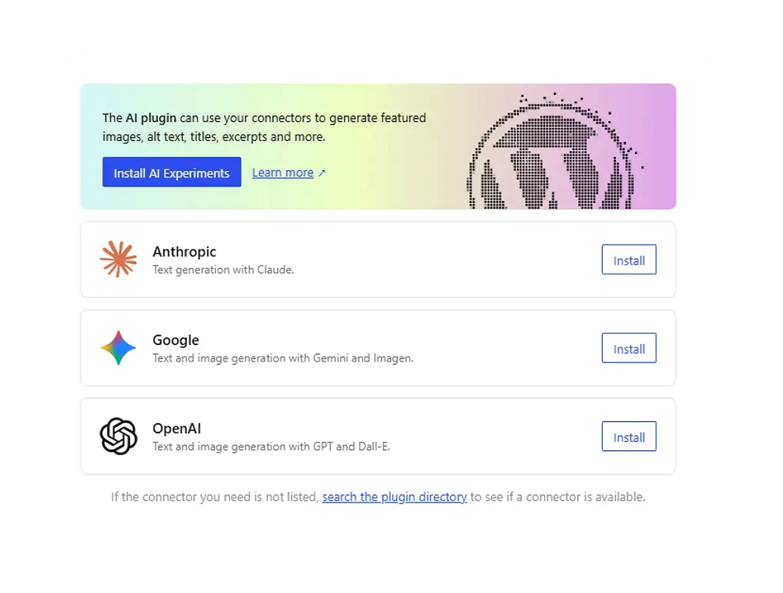 Přehled AI konektorů ve WordPressu – napojení služeb jako OpenAI, Google nebo Anthropic na jednom místě