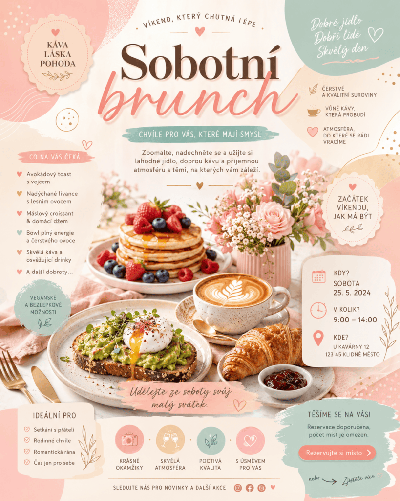 Generická AI pozvánka na sobotní brunch s pastelovými barvami, dokonale naaranžovaným jídlem, kávou, květinami a velkým množstvím dekorativních textů a prvků.