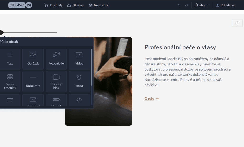Náhled přidávání bloků ve Website Builderu