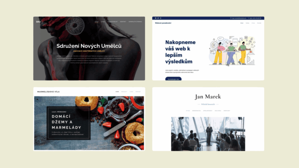 Ukázka čtyř šablon dostupných pro Website Builder