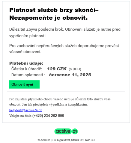 Příklady phishingu mířeného proti zákazníkům Active24