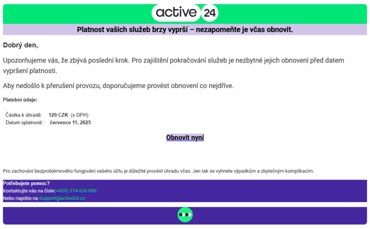 Příklady phishingu mířeného proti zákazníkům Active24