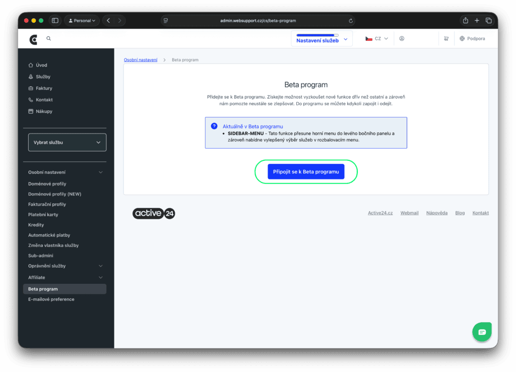 Oddíl WebAdminu, kde se můžete přihlásit k Beta programu a zjišťovat, co je v něm nového