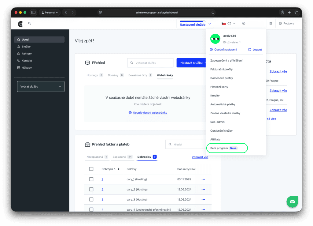 Náhled WebAdminu Active24 s ukázkou, kde se dostat k informacím o Beta programu