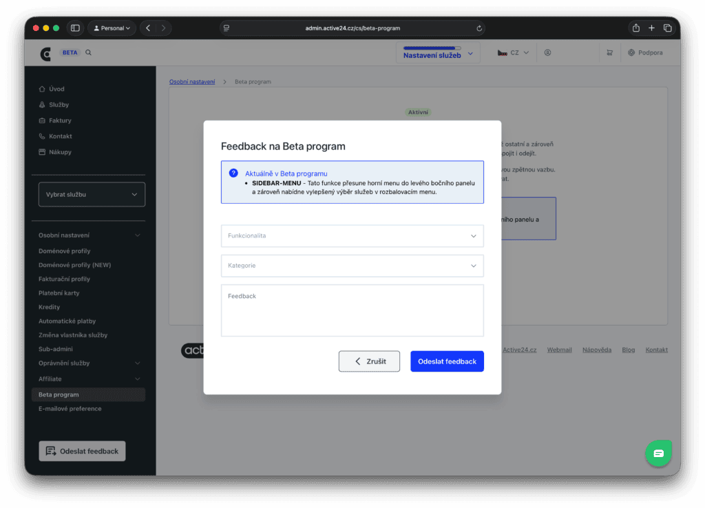 Formulář pro zpětnou vazbu v rámci Beta programu