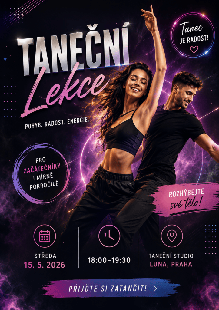 Generická AI pozvánka na taneční lekci v tmavém neonovém stylu s usmívajícími se tanečníky, výraznou typografií, světelnými efekty a informacemi o datu, čase a místě akce.
